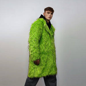 Shaggy faux fur longline coat neon trench bright raver bomber fluffy winter fleece luminous festival jacket burning man fuzzy coat in green