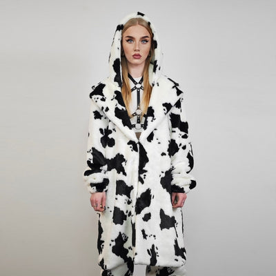 Cow print coat hooded faux fur spot pattern trench animal