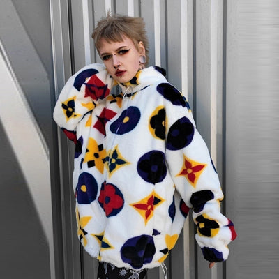 Geometric floral jacket handmade reversible fleece coat