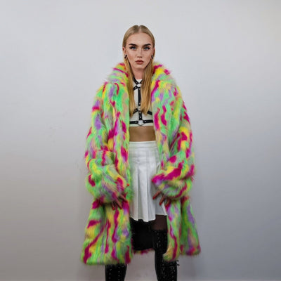 Psychedelic faux fur longline coat shaggy trench bright raver bomber fluffy winter fleece festival jacket neon burning man coat green pink