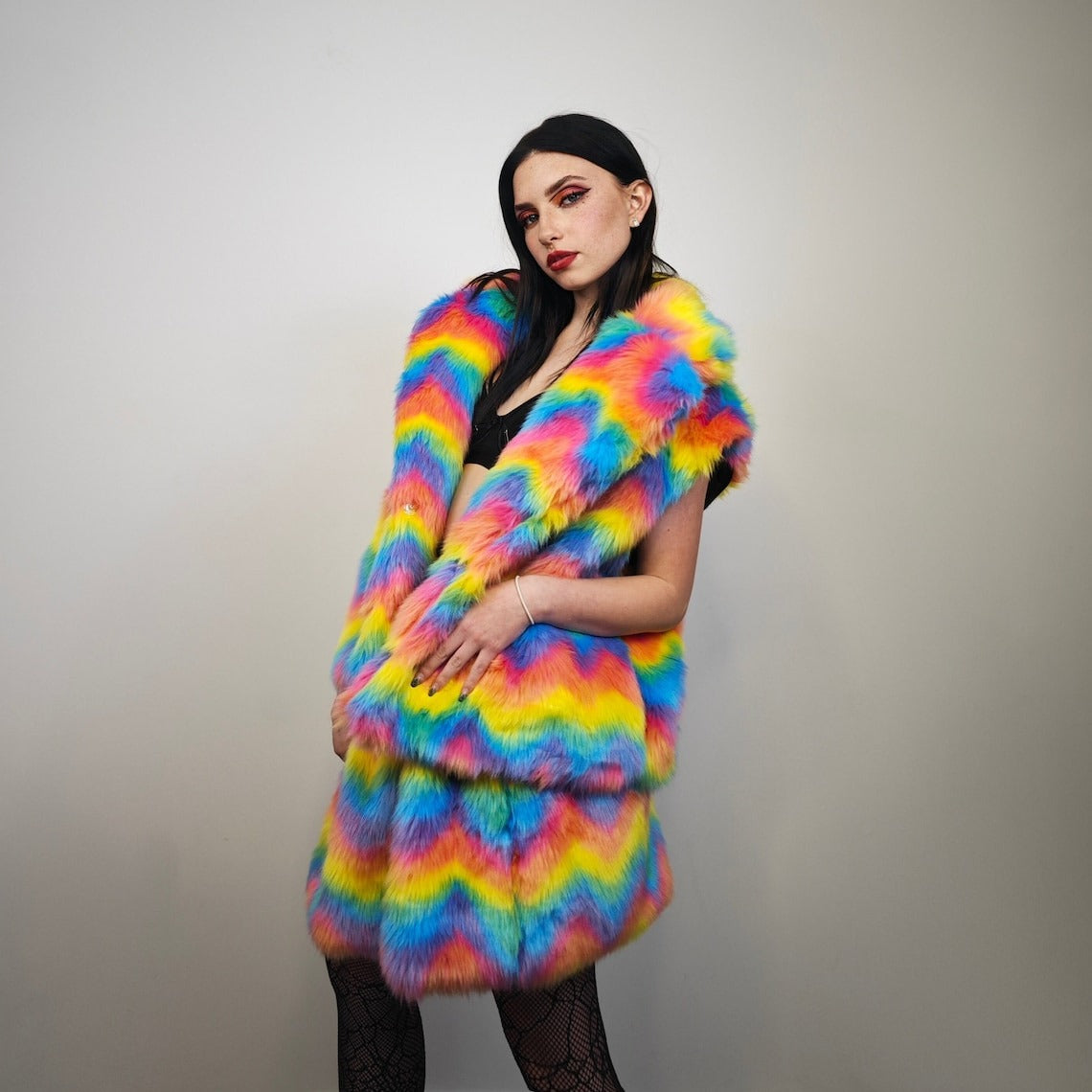 Rainbow faux fur coat cropped unicorn bomber fluffy carnival fleece detachable sleeves festival jacket burning man short luminous overcoat
