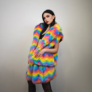 Rainbow faux fur coat cropped unicorn bomber fluffy carnival fleece detachable sleeves festival jacket burning man short luminous overcoat