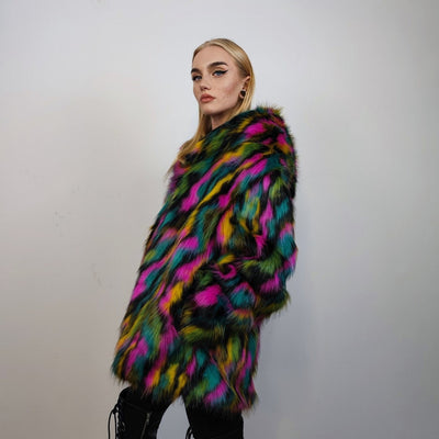 Hooded faux fur striped neon jacket zebra bomber raver puffer fluffy tie-dye fleece festival trench burning man going out overcoat in black