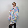 Hooded faux fur unicorn jacket rainbow bomber pastel raver coat fluffy tie-dye fleece festival puffer burning man barbie overcoat pink blue