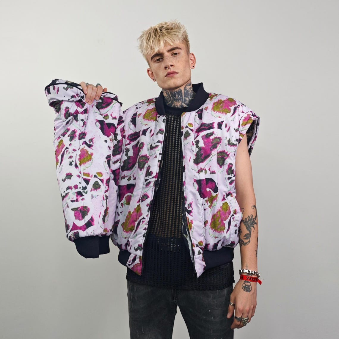 Vertical stripe bomber black white Beetlejuice jacket creepy reversible college varsity detachable sleeves handmade horror fan grunge coat