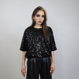 Heavy sequin t-shirt black glitter top sparkle jumper party pullover glam rock jumper fancy dress embellished going out dark metallic tee