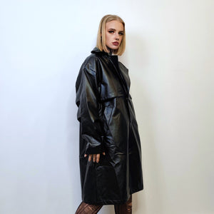 Mid length faux leather coat PU utility trench jacket gorpcore raver varsity going out rubbery high fashion gothic puffer in black