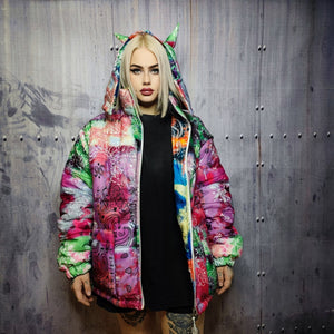 Tie-dye paisley bomber handmade detachable bandanna puffer devil horn jacket skeleton print coat in reversible jacket rainbow pink green