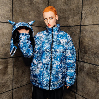 Paisley bomber handmade detachable bandanna puffer tie-dye jacket cashew print bomber two sided gradient jacket in blue