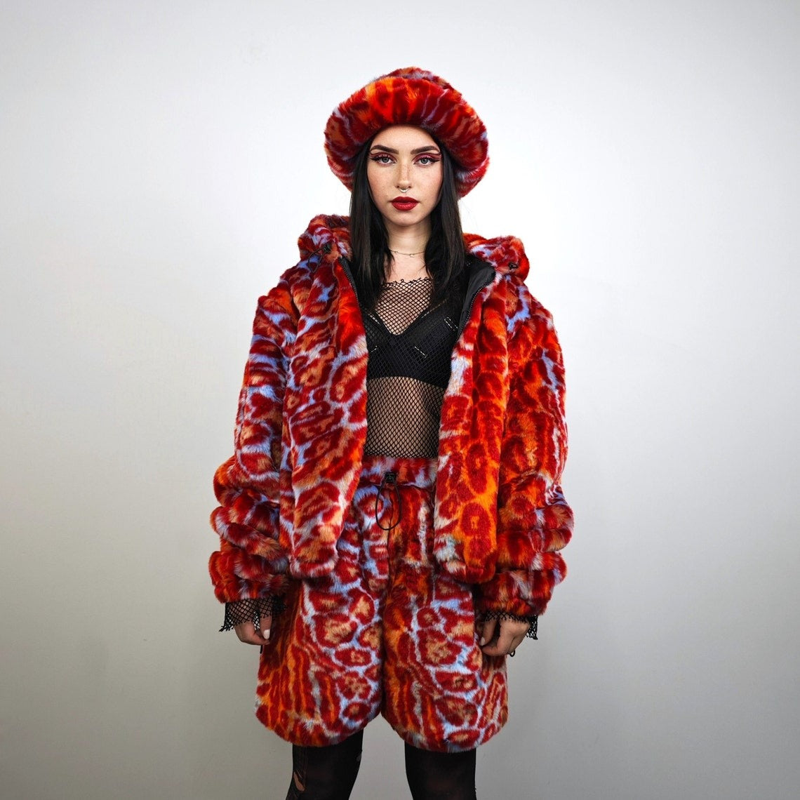 Leopard faux fur coat red neon animal print festival jacket long furry overcoat jaguar bomber hooded lynx peacoat festival trench oversize