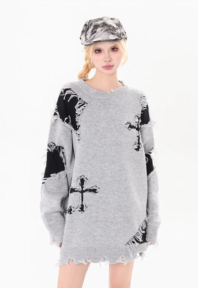 Cross patch sweater grey ripped y2k punk jumper Gothic top