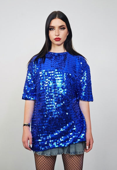 Blue sequin top embellished luxury embroidered party t-shirt