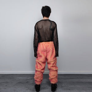 Festival faux fur joggers luminous detachable rave pants handmade fluorescent fleece party shorts premium tie-dye overalls in orange pink