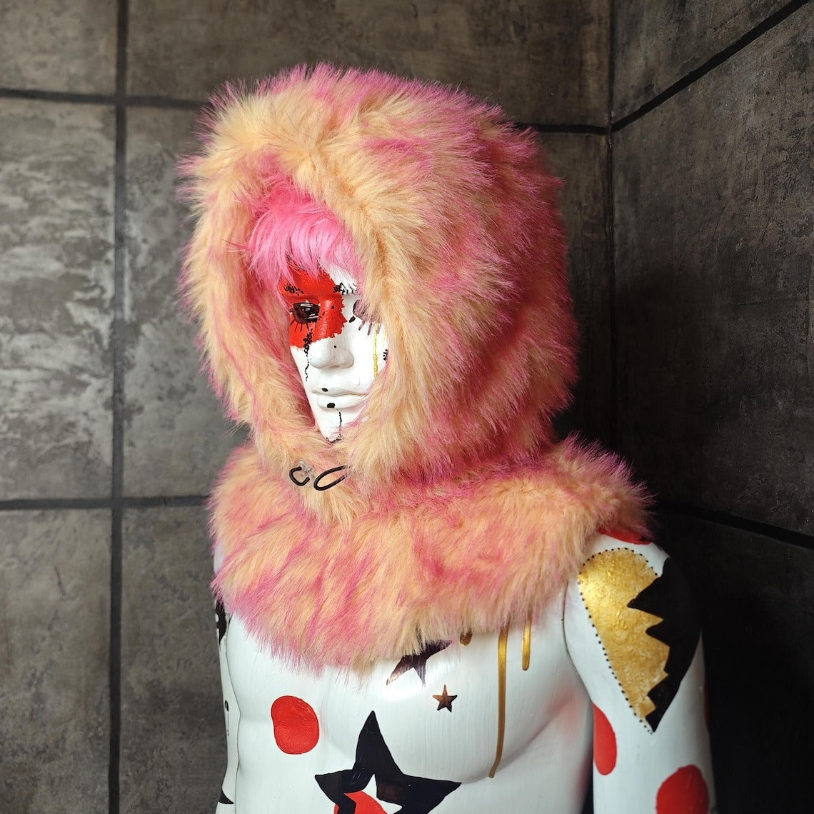 Faux fur hood pink leopard snood handmade hooded hat spot pattern all over fluffy fleece scarf unisex bucket grunge animal print headwear