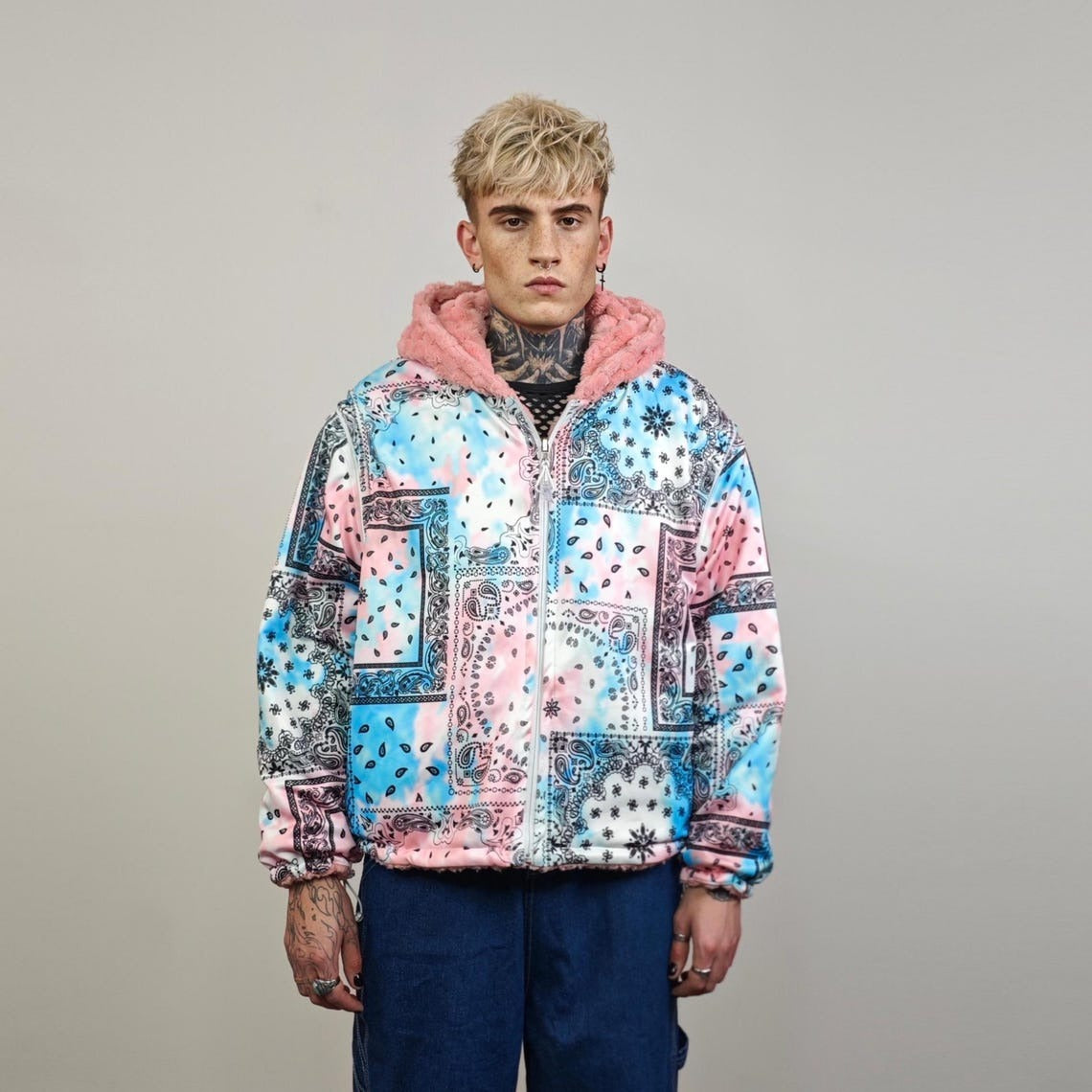 Pink fleece jacket reversible paisley hood bandanna bomber retro geometric cashew print coat detachable sleeves overcoat fluffy festival set