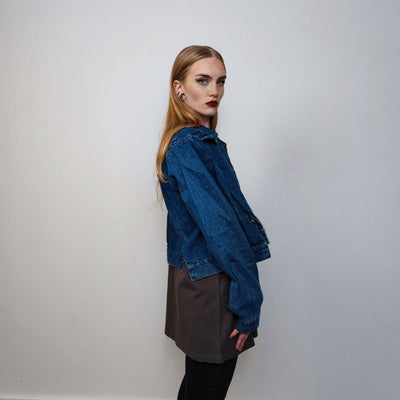 Asymmetric denim jacket reworked grunge jean bomber stitched raver coat unisex premium biker jacket skater top in blue