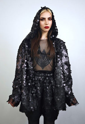 Black sequin jacket hooded shiny mermaid bomber holographic