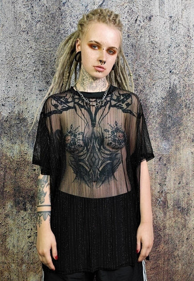 Oversize mesh top vertical stripe luxury see-through t-shirt