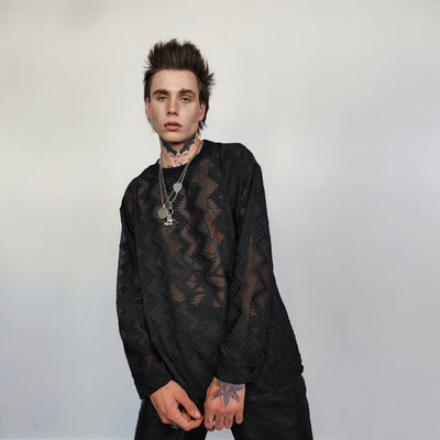 Mesh top long sleeve transparent jumper see-through gothic sweatshirt crotchet t-shirt in black