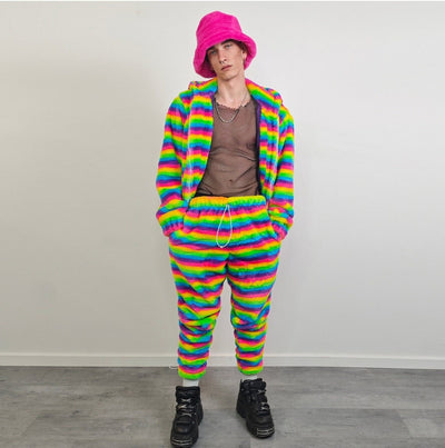 Striped rainbow fleece jacket psychedelic hood festival glitch rave bomber carnival overcoat LGBT jumper gay pride pullover burning man top