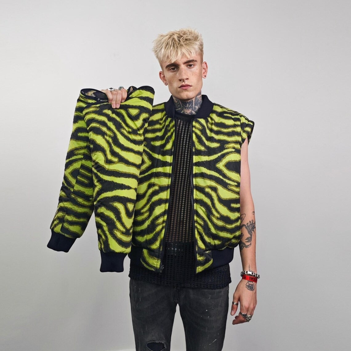 Leopard jacket brown animal print bomber reversible cheetah college varsity detachable sleeves handmade rave puffer grunge festival coat