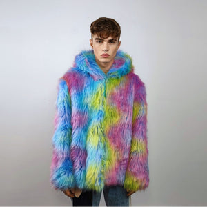 Hooded rainbow faux fur jacket unicorn bomber neon raver puffer fluffy tie-dye fleece psychedelic festival coat burning man going out trench