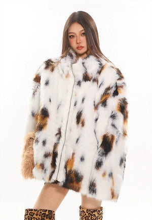 Fuzzy faux fur jacket spot pattern fuzzy coat animal print