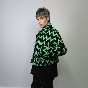 Striped fleece jacket zigzag catwalk bomber geometric fluffy varsity contrast pattern aviator hard fleece grunge coat in black & green