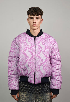 Pink snake varsity jacket Python print reversible bomber