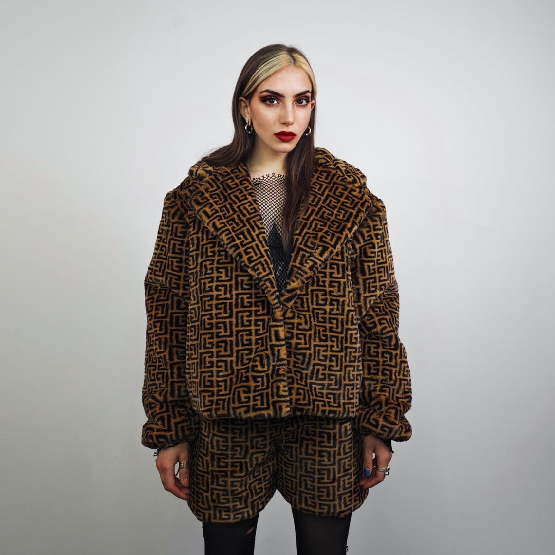 Arabic pattern short coat brown black fleece trench geometric print jacket detachable sleeves handmade zigzag party overcoat festival set