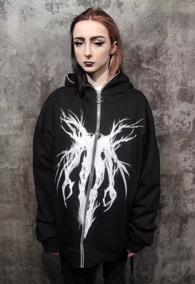 Graffiti hoodie Gothic raver pullover y2k zipper top black