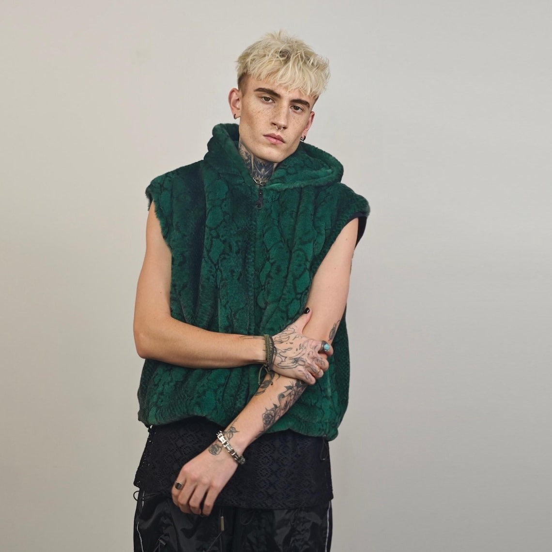 Snake faux fur jacket green hooded short python coat crocodile rave pullover fluffy detachable sleeves festival overcoat burning man fleece
