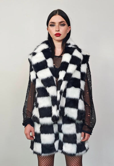 Checked faux fur short coat black plaid fuzzy trench jacket