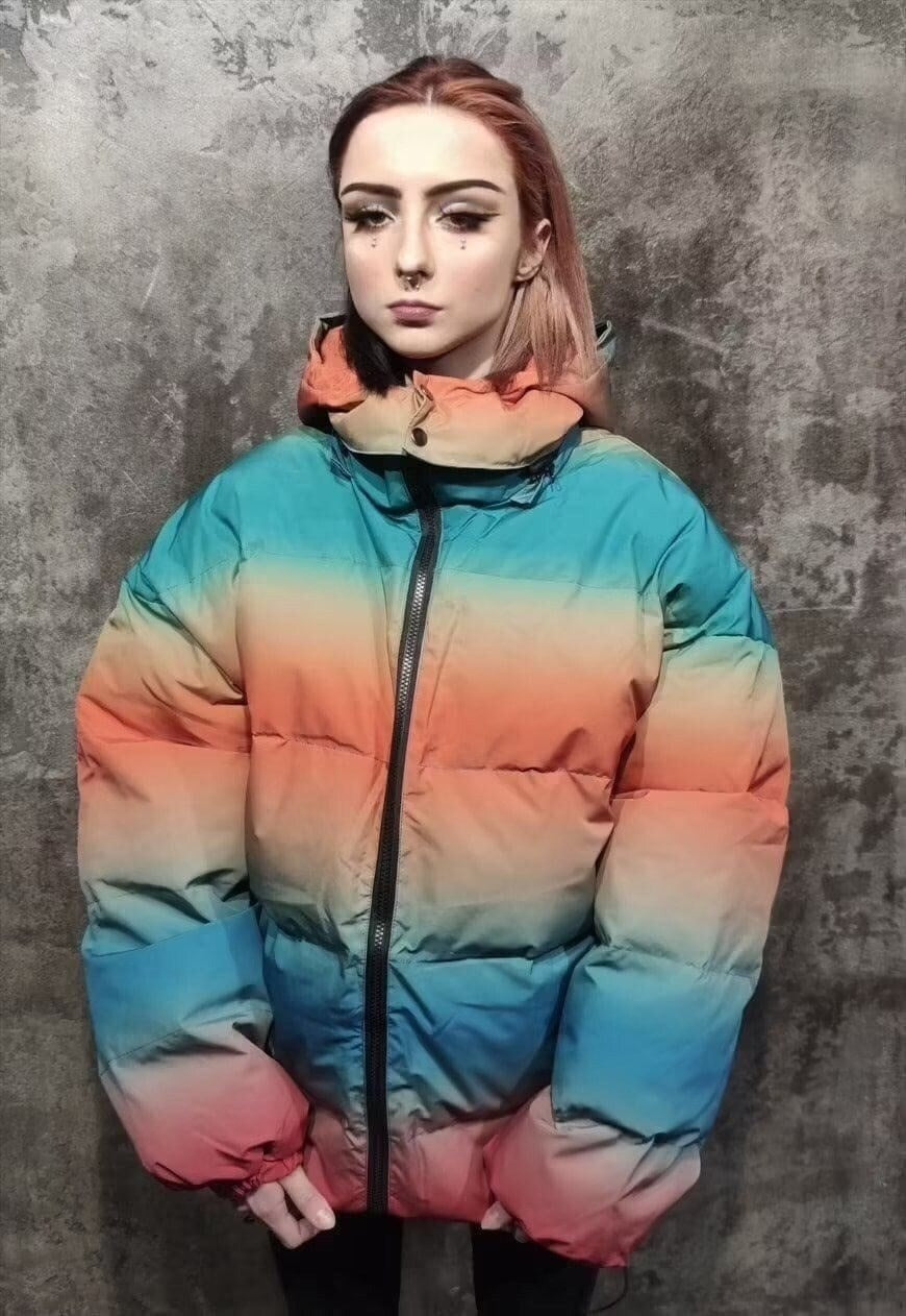 Gradient rainbow bomber tie-dye jacket yellow orange puffer