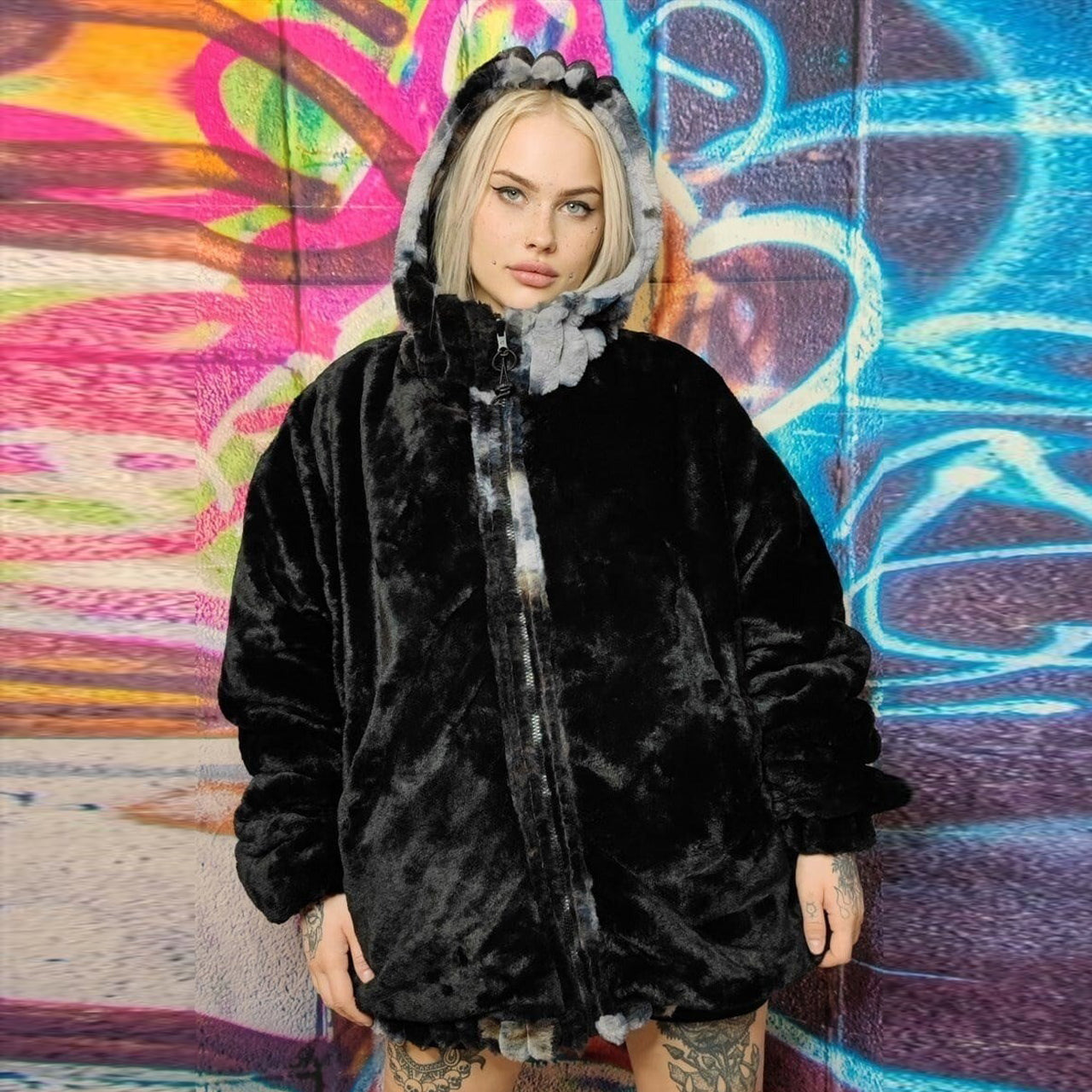 Tie-dye fleece jacket reversible faux fur gradient jacket