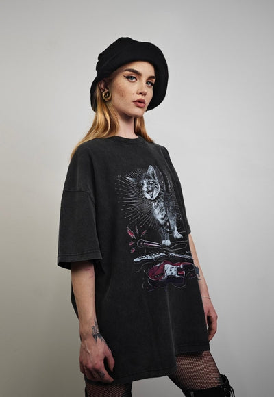 Punk rocker t-shirt cat print tee grunge kitten top in grey