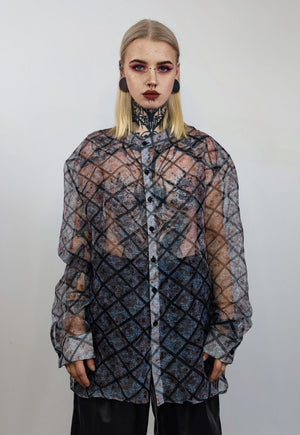 Transparent shirt long sleeve see-through print blouse grey