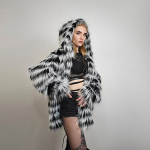 Shaggy faux fur jacket black white detachable hood striped collarless coat zebra bomber rave fleece festival pullover burning man overcoat