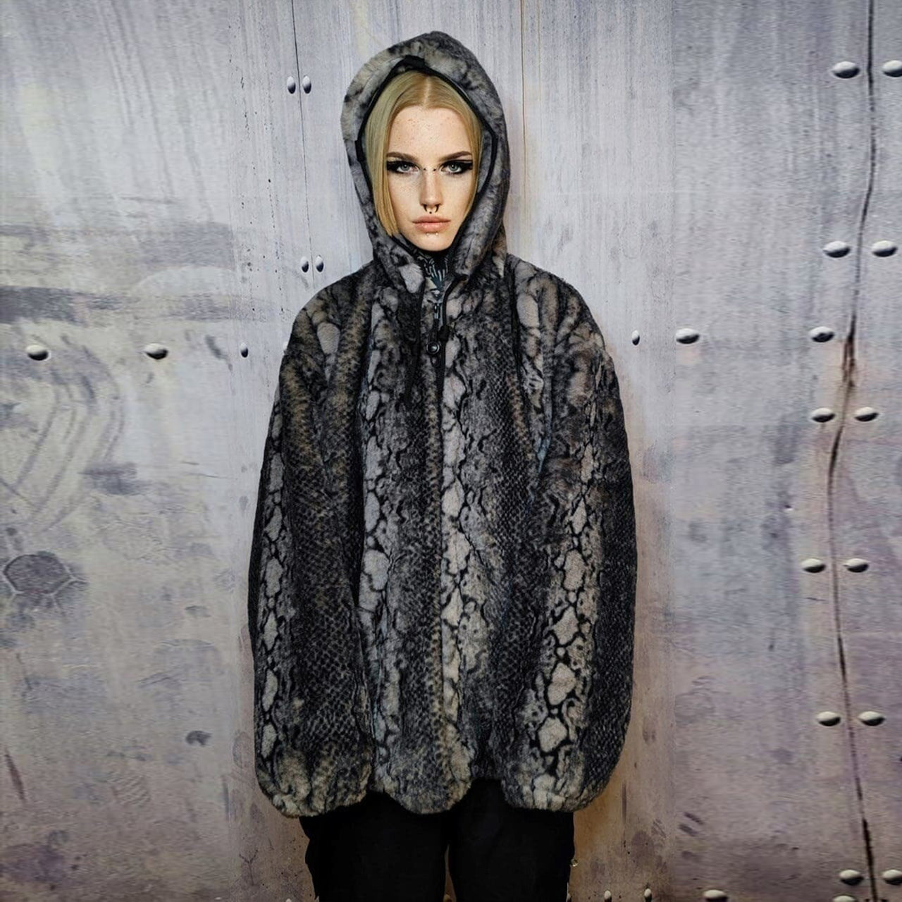 Faux fur python jacket handmade snake fleece bomber in grey