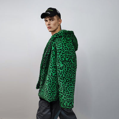 Hooded faux fur leopard jacket animal print bomber bright raver coat fluffy cheetah fleece festival puffer neon burning man overcoat green