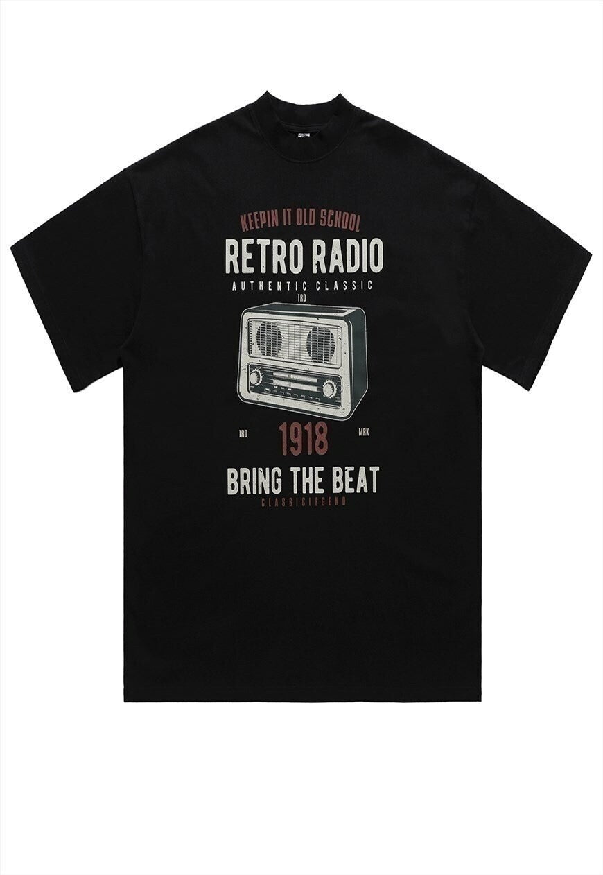 Retro radio t-shirt old raver print tee old school top black