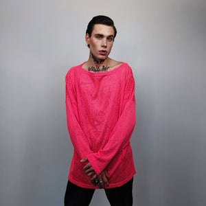 Deep V-neck sheer top revealing transparent sweatshirt cut out neck long sleeve see-through t-shirt rocker jumper edgy baggy tee in pink