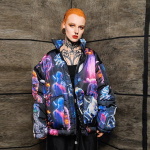 Psychedelic bomber jacket handmade detachable raver puffer