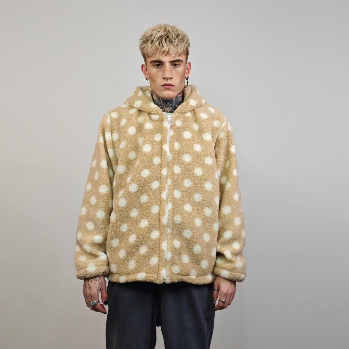Polka dot fleece jacket beige spot pattern hood bomber retro geometric coat detachable sleeves handmade preppy overcoat fluffy festival set