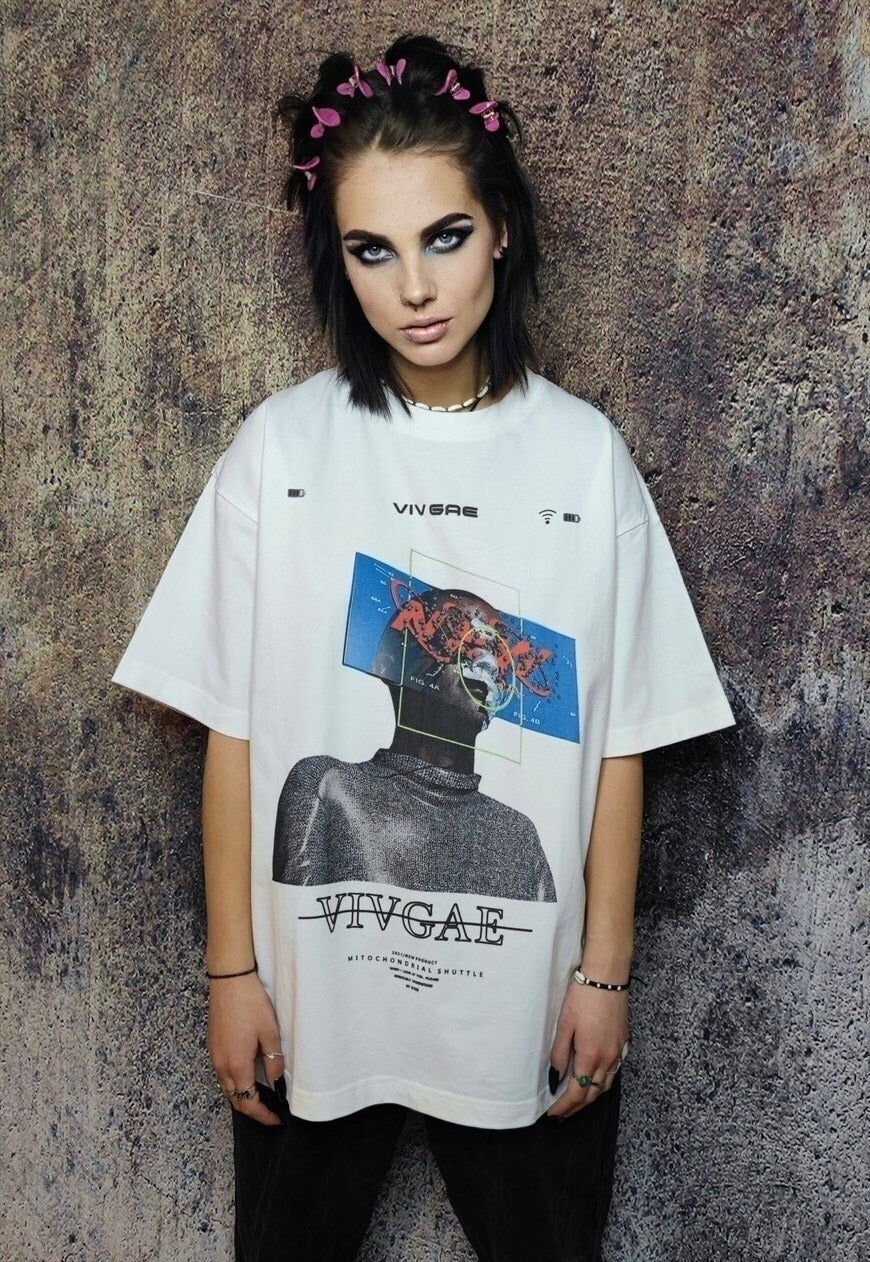 Raver t-shirt cyber punk tee grunge robot print top in white