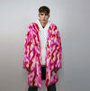 Faux fur long striped coat zebra trench neon raver bomber fluffy tie-dye winter fleece festival jacket burning man going out coat red pink