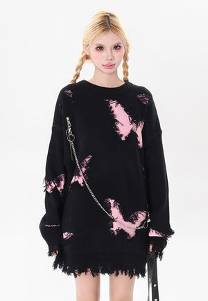 Ripped goth sweater shredded butterfly pattern chain jumper