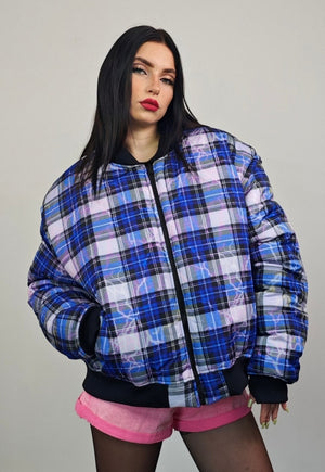 Check varsity jacket blue flame print reversible 4in1 bomber