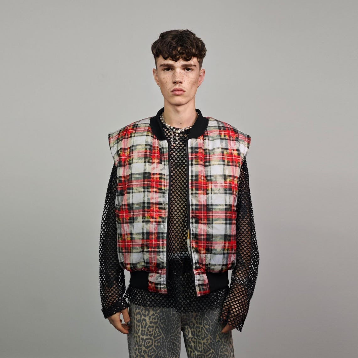 Tie-dye check bomber yellow tartan jacket raver reversible college varsity detachable sleeves handmade plaid puffer grunge punk rocker coat