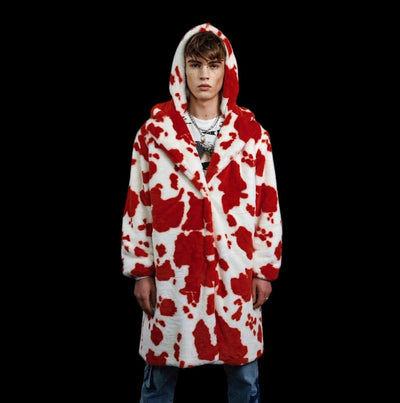 Cow print faux fur long coat hooded spot print trench rave bomber detachable fleece festival removable sleeves burning man jacket red white